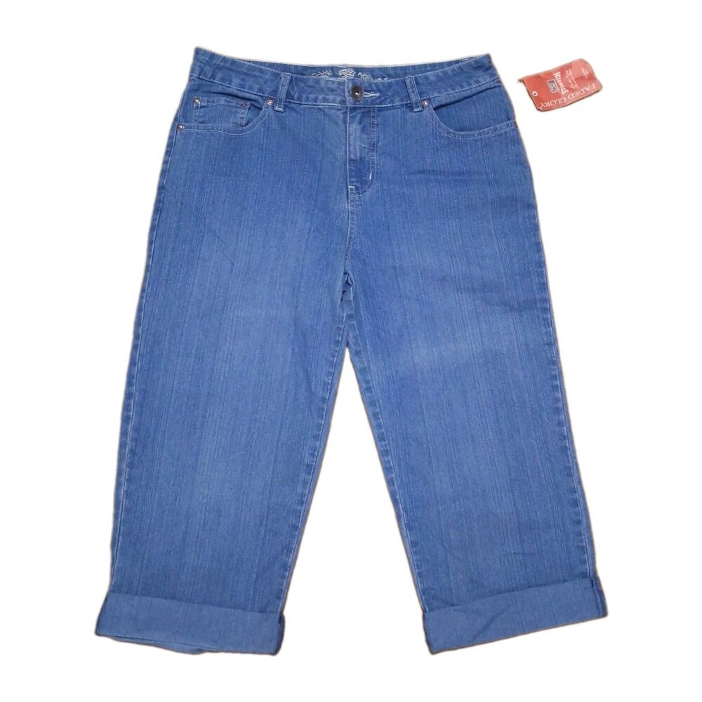 nwt faded glory womens stretch capri denim jeans size 10 medium stone wash blue
